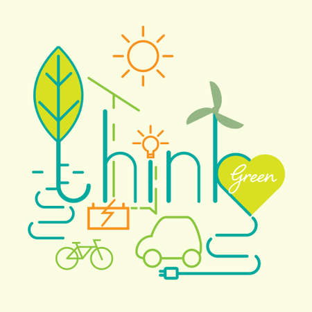 Think green typographic design. Renewable and green energy Concept. Vector illustration.のイラスト素材