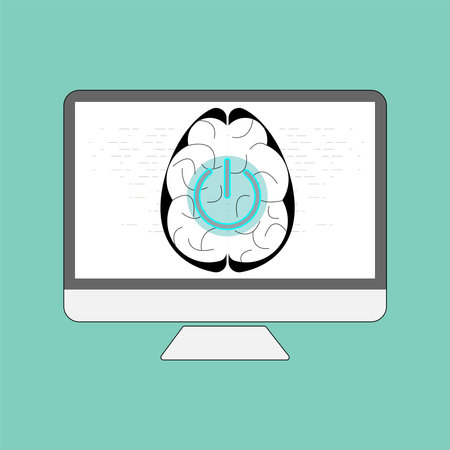 Power on button and brain symbol layers on computer screen background, depicting working mode....