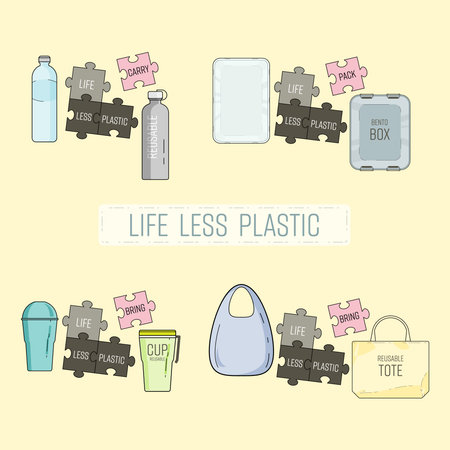 Set of easy way to use less plastic. Start reducing plastic waste in everyday life. Life less...