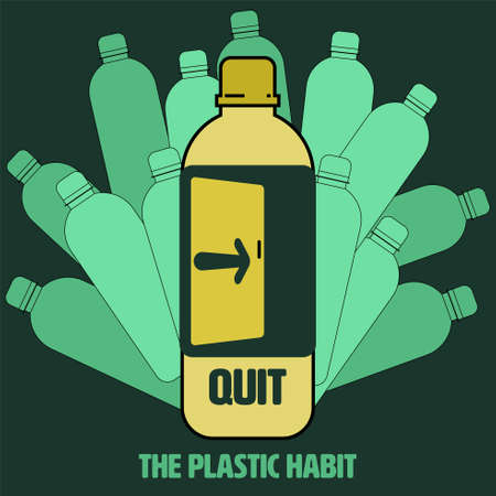 Plastic bottle outline flat icon with exit sign as a gimmick to communicate an act of quitting the plastic habit. Vector illustration.のイラスト素材
