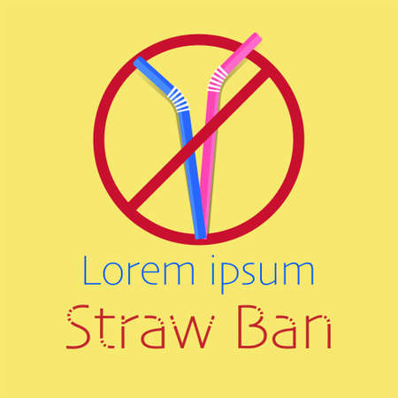 Ban symbol and outline flat icon of plastic straw, typographic design with text space. Ban plastic straw concept. Vector illustration.のイラスト素材