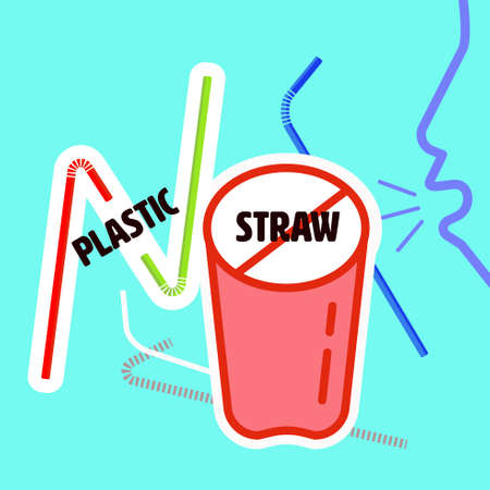 Plastic straw flat icon as a colorful gimmick to present say no typographic. Vector illustration.のイラスト素材