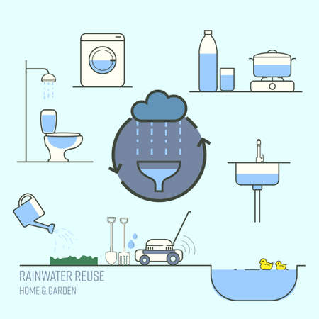 Rainwater harvesting for home and garden reuse. Save water concept. Vector illustration.のイラスト素材