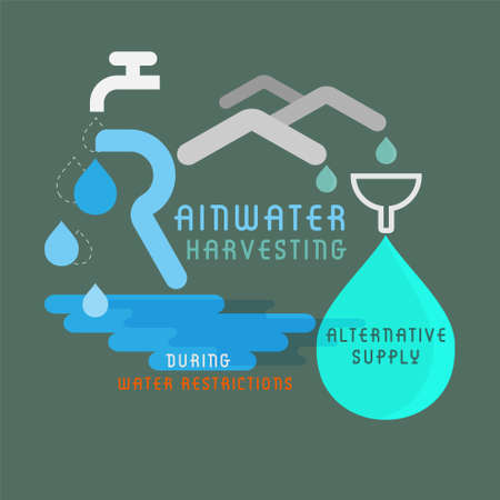 Rainwater harvesting typographic design with outline flat graphic symbols. Vector illustration.のイラスト素材