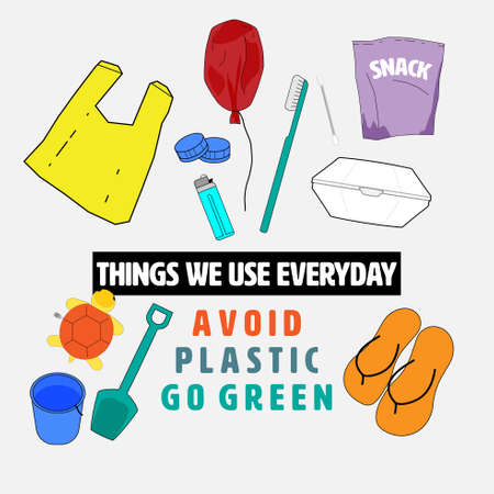Set of outline flat icons plastic product we use everyday. Avoid plastic, go green concept. Vector...
