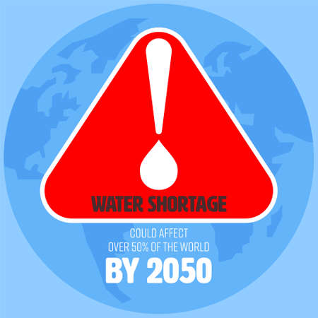 Water shortage warning sign with drop icon and exclamation mark as gimmicks. Pay attention to global water shortage concept. Vector illustration.のイラスト素材