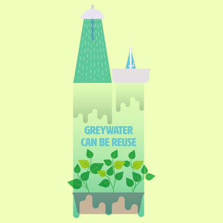 Greywater from shower and hand basin can be reused for garden irrigation. Water reuse concept. Vector illustration.のイラスト素材