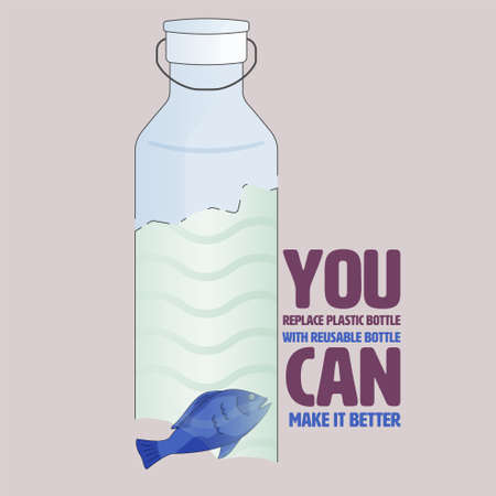 Outline flat symbols of plastic and reusable bottle fitted together as replacing gimmick. You can make it better concept. Vector illustration.のイラスト素材