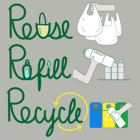 Reuse, refill and recycle handwriting with outline flat symbols. Cut down the amount of plastic waste concept. Vector illustration.のイラスト素材