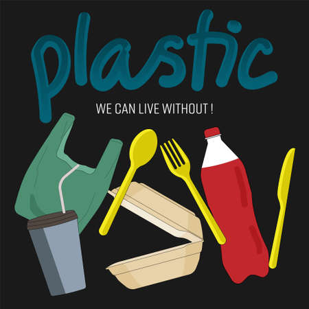 Typographic design with outline flat symbols of single-use plastic product. Single-use plastic product we can live without concept. Vector illustration.のイラスト素材
