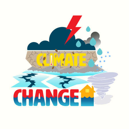 Typographic design with weather outline flat symbols as a gimmick. Anthropogenic climate change concept. Vector illustration.のイラスト素材