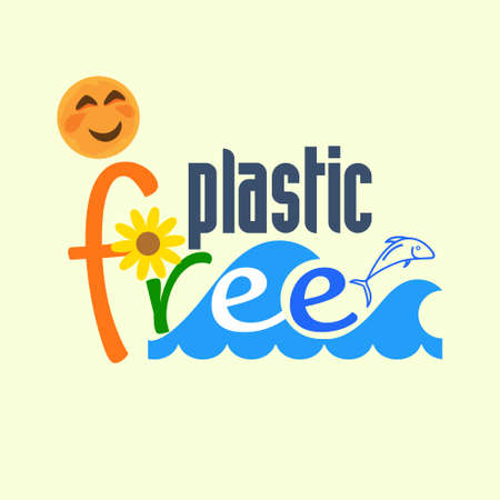 Plastic free typographic design with happy character as a gimmick. Living without plastic to save environment concept. Vector illustration.のイラスト素材
