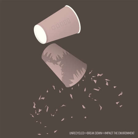 Unrecycled single-use coffee cup break down with a scatter of fragments. Plastic waste resulting concept. Vector illustration.のイラスト素材