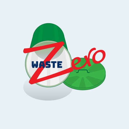 Zero waste typographic design with empty laying down trash can as a gimmick. Vector illustration.のイラスト素材