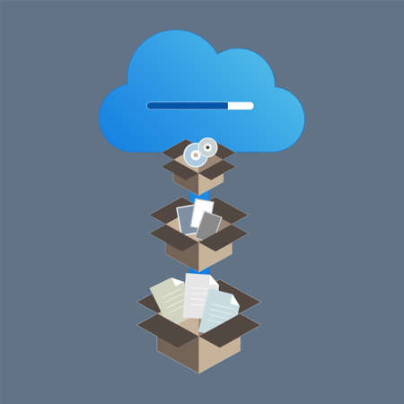 Document, photograph and disc stored in paper box loading to cloud storage. Cloud service concept. Vector illustration.のイラスト素材