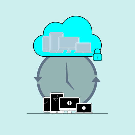 Computer device backing up to cloud storage can make recovery from the damage. Cloud storage security concept. Vector illustration.のイラスト素材