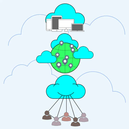 Multiple smart device and user globally connected by cloud technology. Advantages of cloud computing concept. Vector illustration.