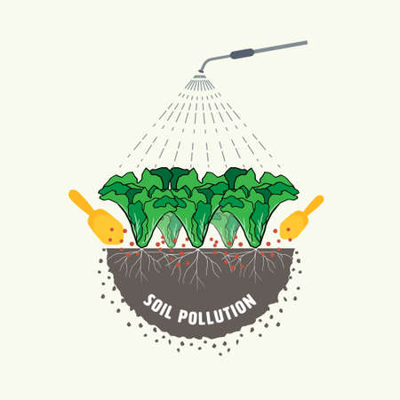 The use of fertilizer and pesticide for vegetable farming causing soil pollution. Vector illustration.のイラスト素材