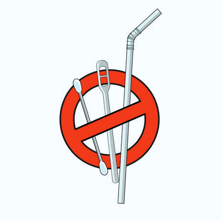 Ban symbol of 3 single-use plastic items : straw, stirrer and cotton ear bud. Vector illustration outline flat design style.のイラスト素材