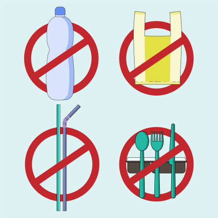 Stop using single-use plastic concept. Refuse and reduce plastic waste metaphor. No symbols of disposable plastic product. Vector illustration outline flat design style.のイラスト素材