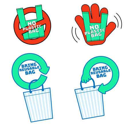 No single-use plastic and bring reusable bag symbol set. Element of design for environment. Vector illustration outline flat design style.のイラスト素材