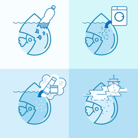 Microplastic pollution symbol set. Causes of contamination of water. Effect of toxic waste on marine animal. Vector illustration outline flat design style.のイラスト素材