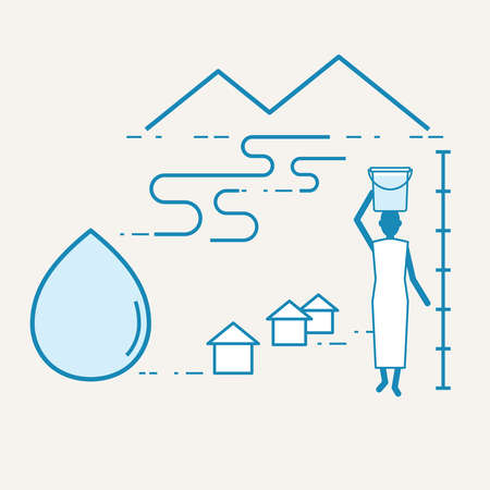 Water facility must be affordable concept. Woman walk to collect water in rural area. Carrying heavy loads of water on head. Vector illustration outline flat design style.のイラスト素材