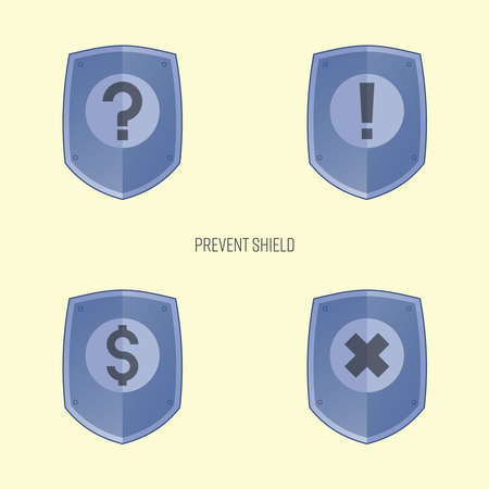 Prevent shield symbols set. Prevention of problem, unexpectedness, risk and mistake. Vector illustration outline flat design style.のイラスト素材