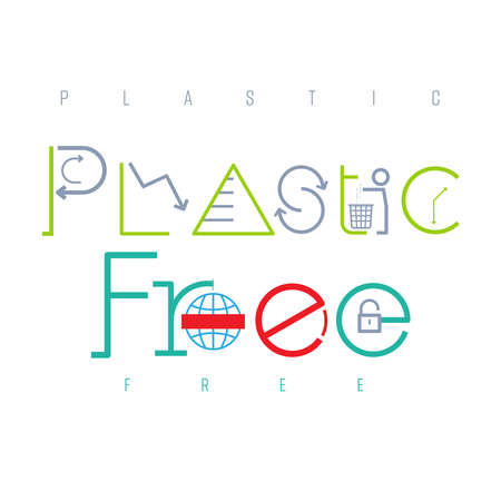 Plastic free typographic design. Pictorial symbol. Reducing the amount of single-use plastic presented in pictorial form. Vector illustration outline flat design style.のイラスト素材
