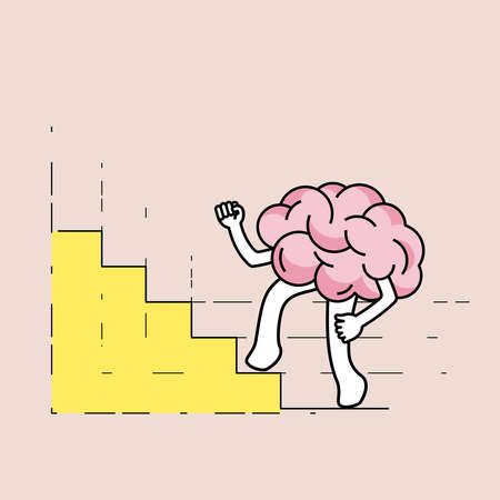 Brain cartoon walking up stairs, as a bar graph gimmick. Developing growth mindset concept. Vector illustration outline flat design style.のイラスト素材