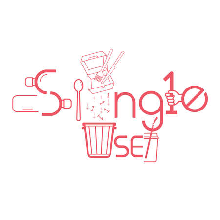 Single-use plastic typographic design. Pictorial symbol. Single-use plastic consumption causing waste pollution presented in pictorial form. Vector illustration outline flat design style.のイラスト素材