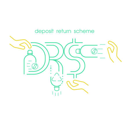 Refund is given when returning single-use plastic bottle to be recycled. Deposit return scheme pictorial symbol. DRS typographic design. Vector illustration outline flat design style.のイラスト素材