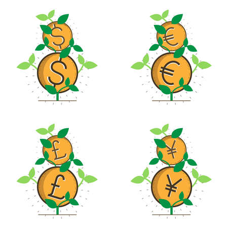 Set of growing currency tree symbols. Growth investment concept. Vector illustration outline flat design style.のイラスト素材