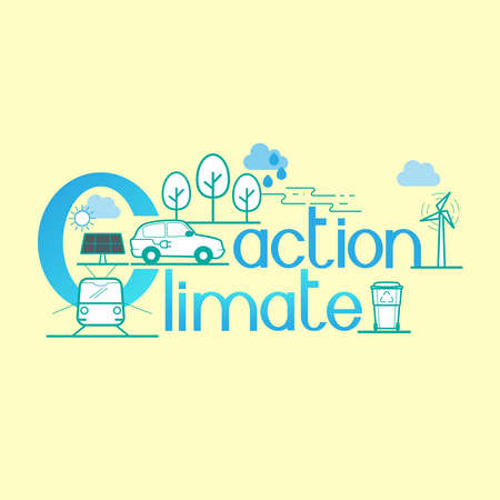 Climate action typographic design. Climate change solutions pictorial symbol. Vector illustration outline flat design style.のイラスト素材