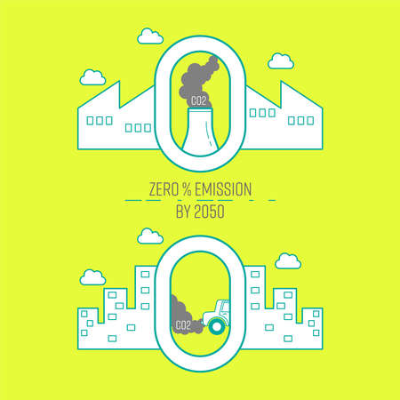 Carbon dioxide zero emission by 2050 typographic design set. CO2 zero emission industry. Zero emission car. Air pollution control measure. Vector illustration outline flat design style.のイラスト素材