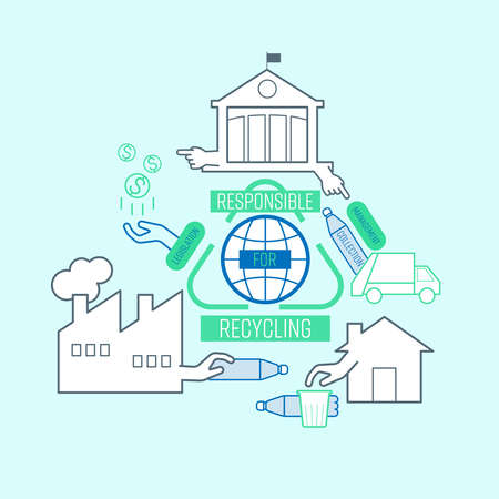 Corporate social responsibility for single-use plastic recycling infographic. Manufacturer, consumer and government should be responsible for recycling to preserve the earth. Vector illustration.のイラスト素材