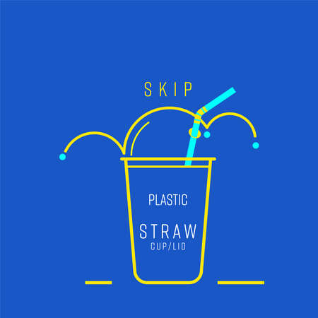 Skip single-use plastic straw, cup and lid symbol. Boucing line implied to cup lid shape as a gimmick of skipping. Vector illustration outline flat design style.のイラスト素材