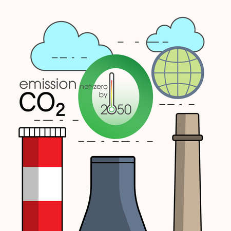 Carbon dioxide emission net-zero by 2050. Air pollution control measure to reduce global warming. Vector illustration outline flat design style.のイラスト素材
