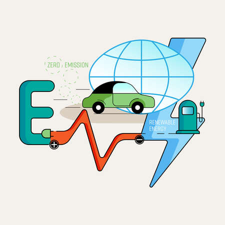 Electric vehicle (EV) typographic design. EV pictorial symbol. Vector illustration outline flat design style.のイラスト素材