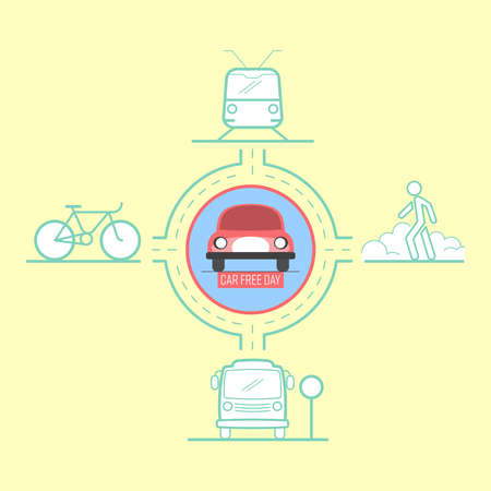 Car free day support use of mass transit, cycling and walking. Vector illustration outline flat design style.のイラスト素材