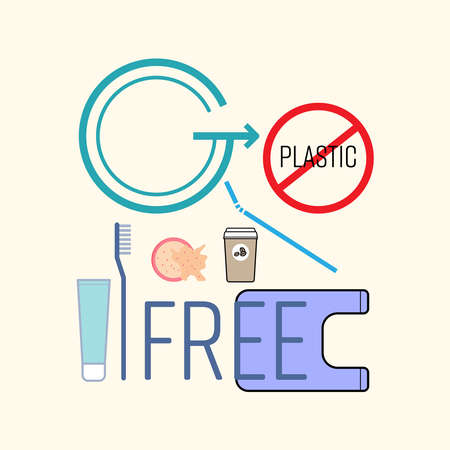 Go plastic free typographic design. Refuse single-use plastic. Change plastic habit. Vector illustration outline flat design style.のイラスト素材