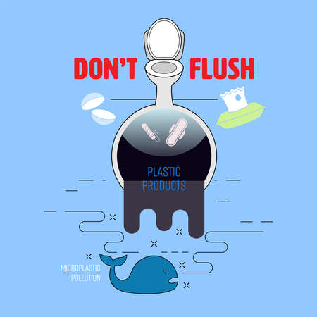 Donât flush plastic products down the toilet. Contact lens, menstrual products and wet wipes polluted the ocean and causing microplastic pollution. Vector illustration outline flat design style.のイラスト素材