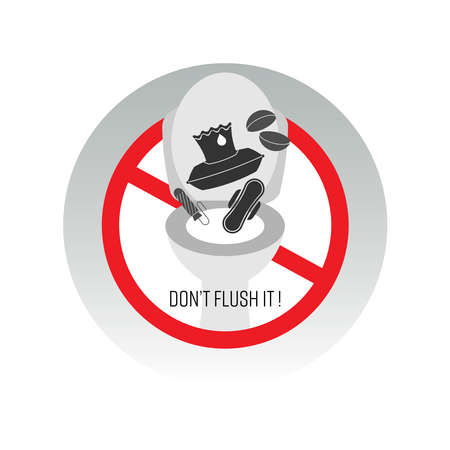 Donât flush it sign. Contact lens, menstrual products and wet wipes causing blockage and microplastic pollution. Vector illustration outline flat design style.のイラスト素材