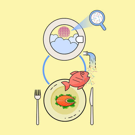 Microfiber pollution. By washing synthetic fabric, millions of microfibers are released into the water, contaminating ocean and food chain. Vector illustration.のイラスト素材