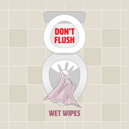 Donât flush wet wipes down the toilet. Wet wipes causing plastic pollution and sewer blockages. Vector illustration outline flat design style.のイラスト素材