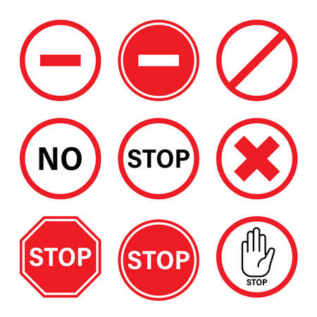 Stop sign set. Prohibited,forbidden,no, symbols. Vector illustration outline flat design style.のイラスト素材
