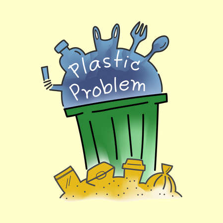 Overflowing green garbage can with single-use plastic waste. Doodle style. Vector illustration outline flat design.のイラスト素材