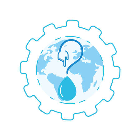 Crisis of managing water. Question mark imply to hand point and water drop as a gimmick. Water crisis, water scarcity symbol. Vector illustration outline flat design style.のイラスト素材