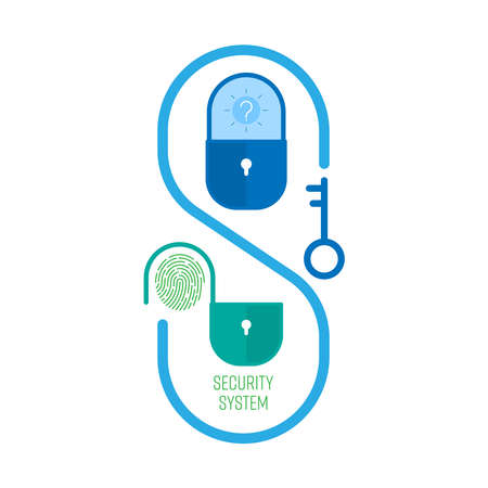 Lock and unlock with fingerprint identificaton icon set. Security system concept. Vector illustration outline flat design style.のイラスト素材
