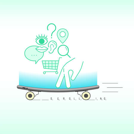 Scrolling fingertip on digital device screen implies that feel like riding on a skateboard. Quick and convenient lifestyle concept. Vector illustration outline flat design style.のイラスト素材